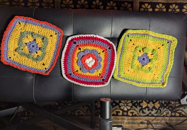 Colorful crochet square patterns on a black leather bench for No Room For Phonies album.